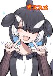  1girl bangs black_hair blowhole blue_hair cetacean_tail closed_eyes collarbone collared_dress dolphin_girl dorsal_fin dress facing_viewer fang hair_over_one_eye hands_up head_fins highres index_finger_raised kanmoku-san kemono_friends long_bangs long_sleeves medium_hair multicolored_hair open_mouth orca_(kemono_friends) parted_bangs simple_background smile solo sparkle tail upper_body white_background white_hair 