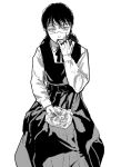  1girl bangs black_hair chainsaw_man collared_shirt dress finger_to_mouth food greyscale highres holding kneeling long_hair long_sleeves looking_at_viewer mitaka_asa monochrome ribbon scar scar_on_cheek scar_on_face school_uniform shirt simple_background solo tasuketemama war_devil_(chainsaw_man) white_background 