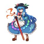 1girl bangs black_headwear blue_hair blue_skirt bow bowtie brown_footwear center_frills closed_mouth food frills fruit full_body hat hinanawi_tenshi holding holding_sword holding_weapon hui_mi_(hennji_echo) leaf long_hair long_skirt looking_at_viewer peach red_bow red_bowtie red_eyes shirt short_sleeves simple_background skirt solo sword sword_of_hisou touhou weapon white_background white_shirt