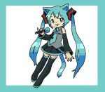  1girl animal_ears aqua_hair blue_eyes bozo_(nok-peg) cat_ears commentary detached_sleeves hatsune_miku long_hair microphone necktie simple_background solo tail thigh-highs twintails very_long_hair vocaloid 