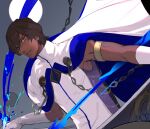  1girl arjuna_(fate) bangs black_hair brown_eyes cape dark-skinned_male dark_skin dutch_angle elbow_gloves fate/grand_order fate_(series) gloves grey_background hair_between_eyes highres looking_at_viewer parted_lips ragu_(ragu00) shirt simple_background sleeveless sleeveless_shirt solo white_cape white_gloves white_shirt 