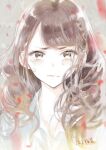  1girl bangs blush braid brown_eyes brown_hair closed_mouth collared_shirt crying crying_with_eyes_open furrowed_brow grey_background long_hair looking_at_viewer messy_hair original petals portrait sakurana_haru shirt side_braid solo straight-on swept_bangs tears white_shirt 