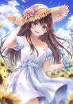  1girl :d bangs blue_eyes blue_sky bottle brown_hair clouds collarbone commentary_request dress flower hat highres holding holding_bottle long_hair looking_at_viewer open_mouth original outdoors puffy_short_sleeves puffy_sleeves short_sleeves sky smile solo straw_hat sunflower tsumugi_8345 water_drop white_dress 