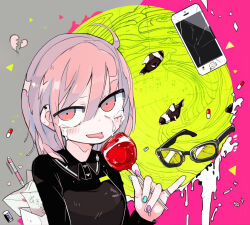  1girl ahoge aqua_nails black_shirt blush candy cellphone commentary crying ear_piercing fingernails food glasses hair_between_eyes heart holding holding_candy holding_food holding_lollipop jewelry lollipop long_sleeves looking_at_viewer multicolored_nails nail_polish open_mouth original phone piercing pill pink_background pink_hair red_eyes ring shirt short_hair smartphone solo tears terada_tera tongue tongue_out unworn_eyewear upper_body 