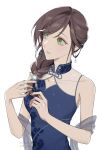  1girl bangs bare_shoulders blue_dress braid braided_ponytail brown_hair closed_mouth dress earrings green_eyes hair_ornament highres jewelry lity_one long_hair rosa_(tears_of_themis) simple_background sleeveless sleeveless_dress solo tears_of_themis watermark white_background 
