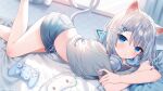  1girl bed cat_ears cat_girl cat_tail console controller curtains headphones indoors original pillow room short_shorts stomach tail thighs window 