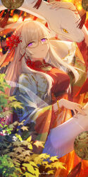  1girl 2025 absurdres animal arm_up breasts chinese_zodiac commentary_request dress flower glasses hair_flower hair_ornament highres jie_(530940004) long_hair long_sleeves looking_at_viewer medium_breasts open_clothes original parted_lips red_dress red_flower snake solo spider_lily very_long_hair violet_eyes white_hair white_snake wide_sleeves year_of_the_snake yellow_eyes 