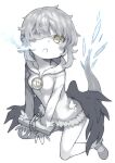  1girl :o bachera bandage_over_one_eye bangs black_wings blush chain cuffs diamond_(shape) dot_nose fangs grey_hair handcuffs hood kneeling looking_at_viewer mary_janes open_mouth original shoes short_hair sidelocks simple_background solo sweater tail third_eye white_background wings yellow_eyes 