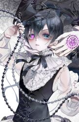  absurdres aristocratic_clothes bishounen black_suit blue_eyes blue_hair ciel_phantomhive earrings girly_boy hair_between_eyes hat heterochromia highres jewelry kuroshitsuji looking_at_viewer male_focus pentagram shirt short_hair solo suit symbol-shaped_pupils tokkieee_qian victorian violet_eyes 