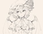  1641_(chfhrtor94) 1girl bat_wings fang hat looking_to_the_side mob_cap monochrome nail_polish puffy_sleeves remilia_scarlet short_sleeves simple_background skin_fang solo touhou upper_body wings 