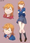  1girl absurdres artist_name bangs black_socks blue_jacket brown_footwear closed_eyes collared_shirt commentary crossed_arms dress excited grabbing_own_arm grey_dress grin highres jacket kneehighs loafers long_hair love_live! love_live!_superstar!! multiple_girls neck_ribbon orange_hair pinafore_dress red_background red_ribbon revision ribbon school_uniform shibuya_kanon shirt shoes short_dress shrug_(clothing) simple_background smile smirk socks swept_bangs winter_uniform yuigaoka_school_uniform zbk_nashi 