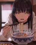  1girl bangs black_hair blunt_bangs blush bowl chopsticks eating eyelashes food highres holding holding_chopsticks holding_spoon hood hood_down hoodie korean_commentary long_hair long_sleeves looking_at_viewer mole mole_under_eye noodles open_mouth original oto1_030 plate solo spoon steam white_hoodie yellow_eyes 