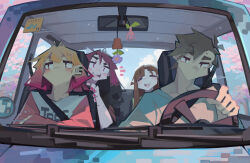  1boy 3girls absurdres blush brown_eyes car closed_eyes earrings enna_(togekk0) flower highres jewelry long_hair looking_to_the_side lyra_(togekk0) motor_vehicle multiple_girls nail_polish open_mouth pink_eyes pink_nails short_hair smile steering_wheel sticker teeth togekk0 