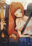  1boy 1girl absurdres blush clothing_cutout collarbone commission formal head_tilt hetero highres idolmaster idolmaster_cinderella_girls kikiki_kinosita leaning_on_person long_hair orange_hair ponytail producer_(idolmaster) seatbelt shoulder_cutout skeb_commission skirt sleeping striped striped_skirt suit sweatdrop very_long_hair wakabayashi_tomoka zzz 