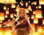  1boy arm_at_side belt black_pants blonde_hair blurry cape colored_tips cowboy_shot demon_slayer_uniform depth_of_field dissolving fire flame_print floating_cape floating_clothes floating_hair forked_eyebrows hand_on_own_chest hand_up kimetsu_no_yaiba lantern long_hair long_sleeves looking_at_viewer male_focus multicolored_hair night orb pants paper_lantern po_(poppa-pict) print_cape redhead rengoku_kyoujurou sky_lantern solo straight-on streaked_hair white_cape 