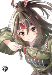  1girl absurdres arrow_(projectile) artist_logo blush bow_(weapon) brown_eyes brown_hair chize green_kimono grey_hair hachimaki hair_ribbon headband high_ponytail highres japanese_clothes kantai_collection kimono logo long_hair long_sleeves looking_at_viewer muneate ponytail ribbon skirt smile solo weapon white_background zuihou_(kancolle) zuihou_kai_(kancolle) 