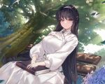  1girl bangs bench black_hair book breasts brooch brown_eyes closed_mouth dress hair_ornament hairband highres jewelry large_breasts long_hair long_sleeves looking_at_viewer mendou_kusai original outdoors sitting smile tree white_dress white_hairband 