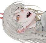  1girl back blush cat_helper chainsaw_man close-up eyelashes grey_background grey_hair highres horns light_blush long_hair looking_at_viewer looking_back open_mouth pink_lips power_(chainsaw_man) red_horns red_pupils sharp_teeth simple_background sketch solo symbol-shaped_pupils teeth tongue upper_body upper_teeth yellow_eyes 