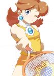  1girl 34_(sanjushi) blue_eyes breasts brown_hair closed_mouth earrings flower_earrings highres jewelry long_hair looking_at_viewer mario_tennis one_eye_closed princess_daisy racket shorts simple_background smile solo super_mario_bros. tennis_racket white_background 
