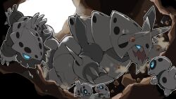  aggron aron black_sclera blacknirrow blue_eyes cave_interior closed_mouth colored_sclera commentary debris dust english_commentary evolutionary_line highres horns lairon mega_aggron mega_pokemon no_humans open_mouth outline pokemon pokemon_(creature) pokemon_focus white_outline 