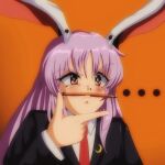  ... 1girl animal_ears black_jacket blazer blouse collared_shirt hand_on_own_face highres jacket light_purple_hair lips long_hair necktie orange_background pencil purple_hair rabbit_ears rabbit_girl red_eyes red_necktie reisen_udongein_inaba shirt simple_background solo step_arts thinking touhou very_long_hair white_shirt 
