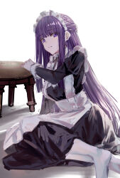  1girl absurdres closed_mouth cokei commentary fern_(sousou_no_frieren) highres long_hair maid maid_headdress purple_hair simple_background solo sousou_no_frieren untranslatable_commentary violet_eyes white_background 