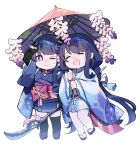  2girls :&gt; absurdres black_thighhighs blue_kimono chibi closed_eyes closed_mouth commentary full_body genshin_impact highres hizuki_miya holding holding_polearm holding_umbrella holding_weapon japanese_clothes kimono leaning_on_person long_hair looking_at_viewer makoto_(genshin_impact) multiple_girls oil-paper_umbrella one_eye_closed open_mouth pantyhose polearm purple_hair raiden_shogun siblings simple_background sisters smile spear spoilers sweatdrop thigh-highs umbrella very_long_hair violet_eyes weapon white_background white_pantyhose zouri 
