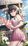  1girl absurdres black_hair character_request commentary_request copyright_request highres holding holding_ice_cream holding_spoon miniskirt onee928 outdoors pink_skirt pleated_skirt short_hair skirt solo spoon 