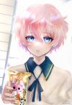  1boy absurdres akita_toushirou blue_eyes food food_wrapper highres holding holding_food looking_at_viewer male_child male_focus open_mouth parted_lips pink_hair short_hair solo teeth touken_ranbu translation_request white_background zasikirou 
