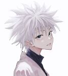  1boy blue_eyes cat_helper cropped eyelashes grey_background grey_hair hatching_(texture) highres hunter_x_hunter killua_zoldyck light_blue_eyes looking_at_viewer male_focus parted_lips simple_background solo turtleneck upper_body 