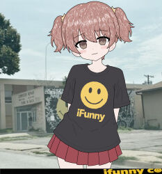 1girl alisa_(girls_und_panzer) arms_behind_back black_shirt black_t-shirt blush brown_eyes building commentary cowboy_shot english_commentary eternalsoulrape flat_color freckles girls_und_panzer hair_ornament highres ifunny jaggy_lines letterboxed looking_at_viewer outdoors photo_background pleated_skirt real_world_location red_skirt shirt short_hair short_sleeves skirt smile solo star_(symbol) star_hair_ornament tree twintails