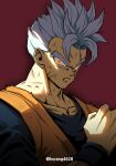  1boy absurdres closed_mouth dougi dragon_ball dragon_ball_super dragon_ball_super_super_hero dragon_ball_z glowing glowing_eyes gohan_beast grey_hair highres horang4628 looking_at_viewer male_focus red_eyes serious simple_background solo son_gohan_(future) twitter_username wristband 