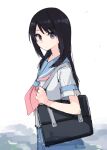  1girl bag bangs black_bag black_hair blue_sailor_collar blue_skirt blush closed_mouth hibike!_euphonium kitauji_high_school_uniform kousaka_reina long_hair looking_at_viewer neckerchief pink_neckerchief pleated_skirt sailor_collar school_bag school_uniform serafuku shiroshi_(denpa_eshidan) shirt short_sleeves skirt solo standing violet_eyes white_shirt 