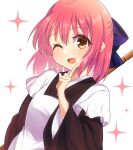  1girl ;d bangs blue_bow bow broom brown_eyes hair_bow highres index_finger_raised itsuka_neru kohaku_(tsukihime) looking_at_viewer maid one_eye_closed open_mouth pink_hair short_hair simple_background smile solo star_(symbol) tsukihime upper_body white_background 