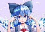  1girl absurdres blue_bow blue_eyes blue_hair bow cirno grey_background hair_bow highres ice ice_wings kabi_killer looking_at_viewer open_mouth short_hair simple_background solo upper_body w_over_eye wings 