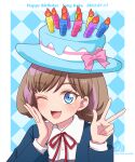  1girl bangs birthday blue_background blue_eyes blush cake_hat candle character_name checkered_background commentary dated english_text happy_birthday highres light_brown_hair looking_at_viewer love_live! love_live!_superstar!! one_eye_closed ric_(fwpbox) school_uniform signature smile solo tang_keke twitter_username upper_body w yuigaoka_school_uniform 