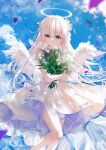  1girl bangs blue_eyes blue_sky blush bouquet bow closed_mouth clouds commentary_request day dress feathered_wings feet_out_of_frame flower hair_between_eyes hair_bow halo long_hair object_hug original outdoors pointy_ears sky smile solo standing standing_on_one_leg umino_mizu very_long_hair white_bow white_dress white_flower white_hair white_wings wings 