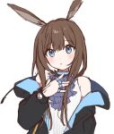  1girl :o amiya_(arknights) animal_ears arknights ascot black_jacket blue_ascot blue_collar blue_eyes blush brown_hair collar extra_ears hand_up jacket jewelry long_hair long_sleeves looking_at_viewer multiple_rings nano_mochi neck_ring off_shoulder open_clothes open_jacket oripathy_lesion_(arknights) rabbit_ears rabbit_girl ring shirt sidelocks simple_background sketch sleeveless sleeveless_shirt solo upper_body white_background white_shirt 