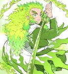  1boy alternate_color belt bright_pupils fiery_hair fire flame green_eyes green_fire green_hair green_theme highres holding holding_sword holding_weapon katana kimetsu_no_yaiba light_green_hair long_hair looking_at_viewer male_focus nepidowore parted_lips rengoku_kyoujurou solo sword weapon white_pupils 