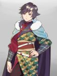  1boy absurdres adapted_costume arm_around_shoulder arm_guards asymmetrical_clothes bangs belt black_hair blue_cape blue_eyes brown_pants cape choker closed_mouth cowboy_shot fur-trimmed_cape fur_trim grey_background hair_over_shoulder hand_on_hip highres japanese_clothes kimetsu_no_yaiba kimono long_hair long_sleeves looking_away male_focus obi pants ponytail sash sideways_glance simple_background solo tomioka_giyuu two-sided_cape two-sided_fabric undershirt water777s3 