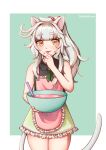  1girl animal_ears apron bare_shoulders black_shirt bowl cat_girl cooking dahlia_wintra dahlia_wintra_(artist) fang food food_on_face frills green_skirt hand_up highres holding holding_bowl icing looking_at_viewer messy_hair mole mole_under_eye pink_apron ponytail scrunchie shirt skin_fang skirt solo tail thick_eyebrows thighs tomopulse tongue tongue_out virtual_youtuber white_hair yellow_eyes 
