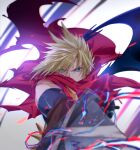  1boy bandages blonde_hair blue_eyes cape cloud_strife demon_wings final_fantasy final_fantasy_vii gloves holding holding_sword holding_weapon huge_weapon kingdom_hearts kudou_asami outstretched_arms red_cape single_wing solo spiky_hair sword upper_body weapon wings 