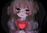  1girl bow crying dark_background hair_bow heart highres looking_at_viewer open_mouth original pink_hair purple_shirt shirt ynry 