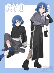  1girl :t arm_support bag black_bag black_hoodie black_pants black_shoes blue_hair blue_socks bocchi_the_rock! border breasts character_name commentary_request cross-laced_clothes cross-laced_top earrings fashion fishnet_socks fishnets full_body hand_in_pocket handbag highres hood hoodie invisible_floor jewelry knee_up layered_sleeves long_skirt long_sleeves looking_at_viewer loose_clothes loose_shirt medium_breasts mole mole_under_eye moya_(toatomoot) multiple_views outside_border outstretched_leg pants pout shirt shirt_tucked_in shoes short_hair short_over_long_sleeves short_sleeves skirt sleeves_past_wrists socks stud_earrings two-tone_shirt watermark white_shirt yamada_ryo yellow_eyes 