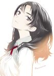  1girl bangs black_hair breasts closed_mouth collared_shirt cross_tie grey_eyes head_tilt long_hair looking_at_viewer neck_ribbon original red_ribbon ribbon sakurana_haru shirt simple_background solo sunlight twitter_username upper_body white_background white_shirt 