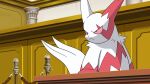  ace_attorney column commentary_request frown furry highres indoors matchstick_39 no_humans pillar pokemon pokemon_(creature) rope tail white_fur zangoose 