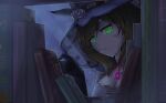 1girl amulet blurry blurry_background book brown_hair closed_mouth collar dark depth_of_field flower genshin_impact green_eyes hand_up hat highres indoors knottt lisa_(genshin_impact) long_hair looking_at_viewer rose solo upper_body witch_hat