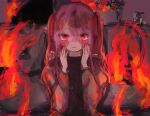  1girl burning couch fire hands_up looking_at_viewer original photo_(object) smile twintails window ynry 