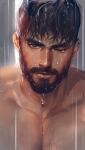  1boy absurdres black_eyes black_hair chest_hair close-up dopey_(dopq) facial_hair highres looking_at_viewer male_focus manly mature_male one_eye_closed original pectorals rain short_hair solo spiky_hair thick_eyebrows topless_male water water_drop wet wet_hair 