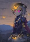  1girl absurdres blurry bug butterfly closed_mouth collar depth_of_field dusk full_body genshin_impact grass grey_hair highres knottt looking_away looking_up qiqi_(genshin_impact) short_hair sitting sky violet_eyes white_collar 